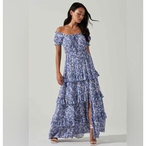 Revolve ASTR The Label Viona Blue and White Off Shoulder Cotton Maxi Dress